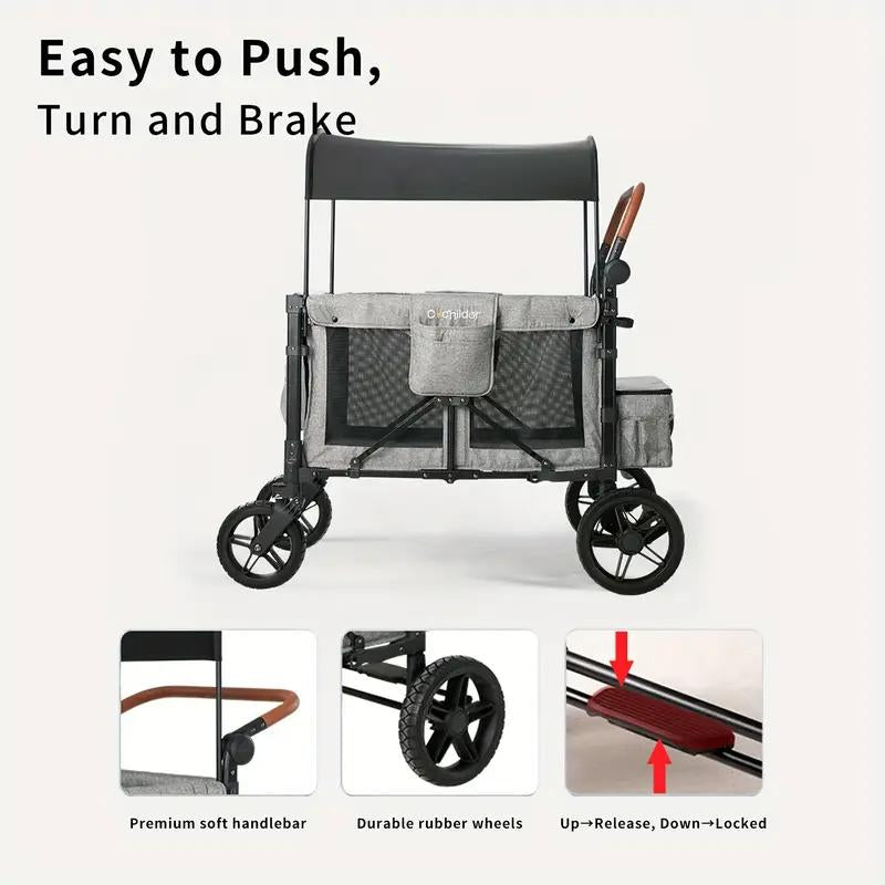 Cochildor Four-Seater Foldable Wagon Stroller,Adjustable 4-Seater Wagon Stroller,Brown Stroller Wagon,Push Wagon,Wagon Stroller Foldable,Side by Side Stroller,Lightweight Multifunctional Baby Stroller
