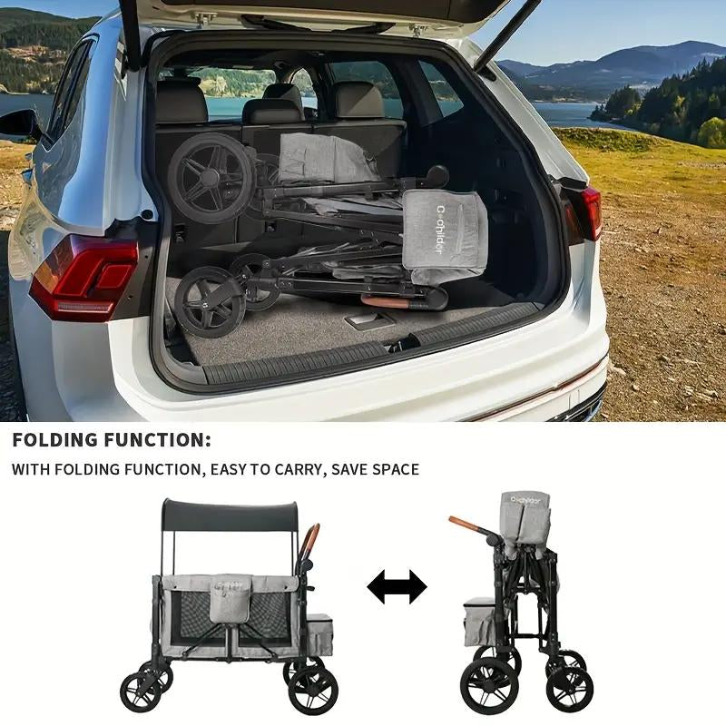 Cochildor Four-Seater Foldable Wagon Stroller,Adjustable 4-Seater Wagon Stroller,Brown Stroller Wagon,Push Wagon,Wagon Stroller Foldable,Side by Side Stroller,Lightweight Multifunctional Baby Stroller