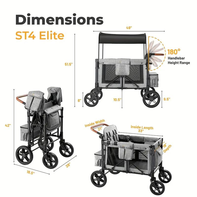 Cochildor Four-Seater Foldable Wagon Stroller,Adjustable 4-Seater Wagon Stroller,Brown Stroller Wagon,Push Wagon,Wagon Stroller Foldable,Side by Side Stroller,Lightweight Multifunctional Baby Stroller