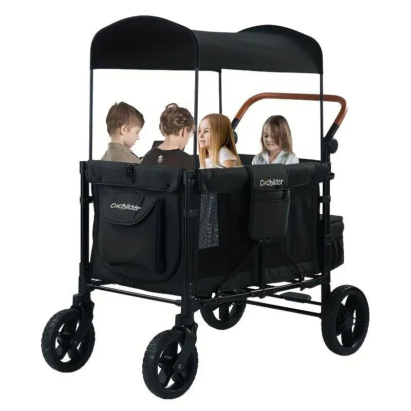 Cochildor Four-Seater Foldable Wagon Stroller,Adjustable 4-Seater Wagon Stroller,Brown Stroller Wagon,Push Wagon,Wagon Stroller Foldable,Side by Side Stroller,Lightweight Multifunctional Baby Stroller