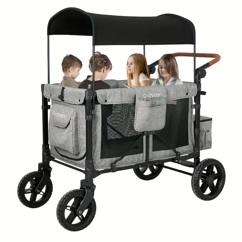 Cochildor Four-Seater Foldable Wagon Stroller,Adjustable 4-Seater Wagon Stroller,Brown Stroller Wagon,Push Wagon,Wagon Stroller Foldable,Side by Side Stroller,Lightweight Multifunctional Baby Stroller